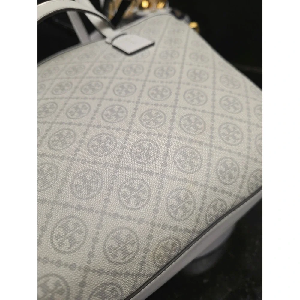 Tory Burch T Monogram Coated Canvas Tote White Gray Logo Crossbody Bag Luxury